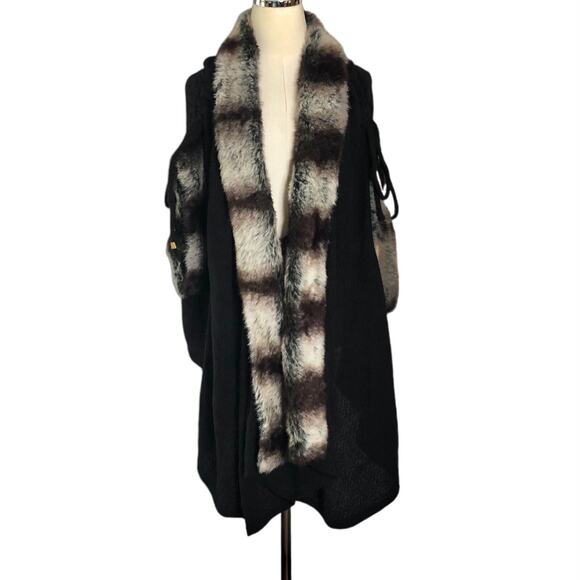 Pretty Angel Faux Fur Trimmed Duster Vest Black Linen Wool Knit Cardigan S/M - Picture 2 of 16